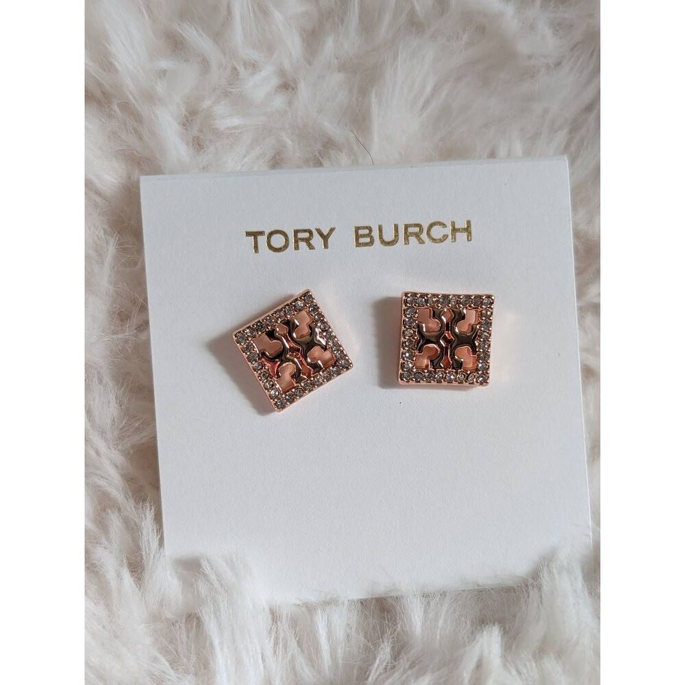 Tory Burch Rose Gold Pave Square Logo Stud Earrings